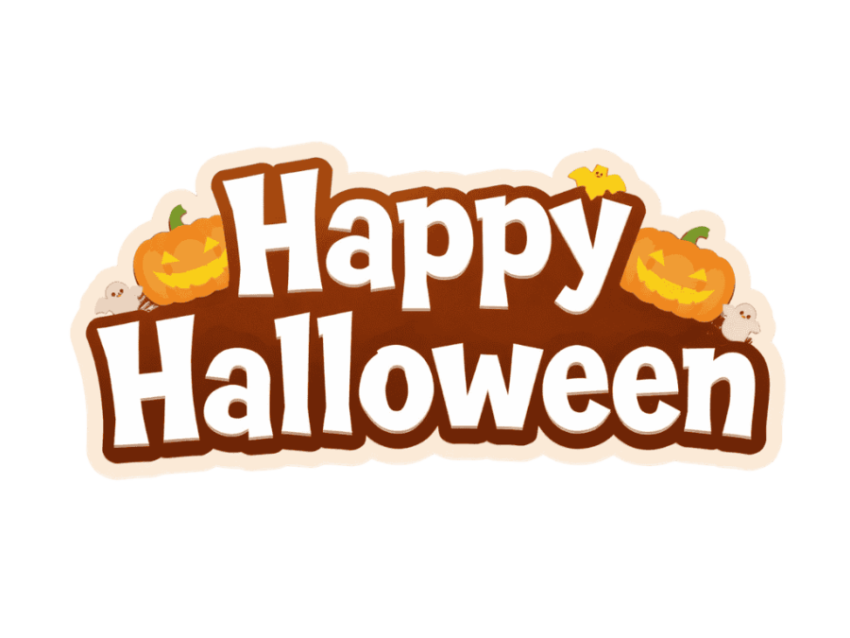 Happy Halloween text PNG with cute pumpkin illustration