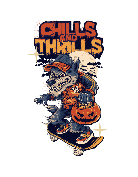 Cool Halloween werewolf illustration riding a skateboard